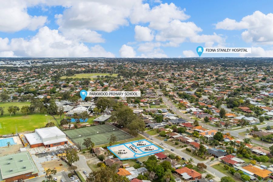 Locatio aerial overlay of Parkwood Edge Estate looking over Fiona Stanley Hospital